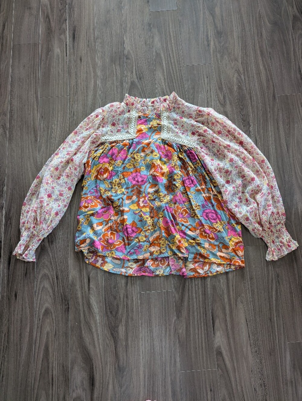 Mixed Media Floral Peasant Blouse in Pink & Blue (Size Small)